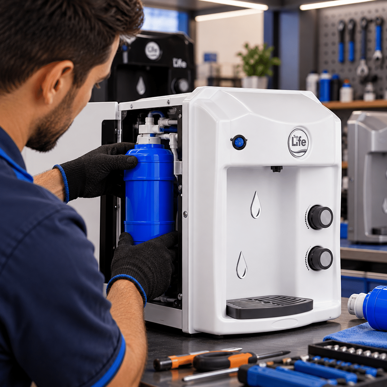 Técnico trocando refil de purificador